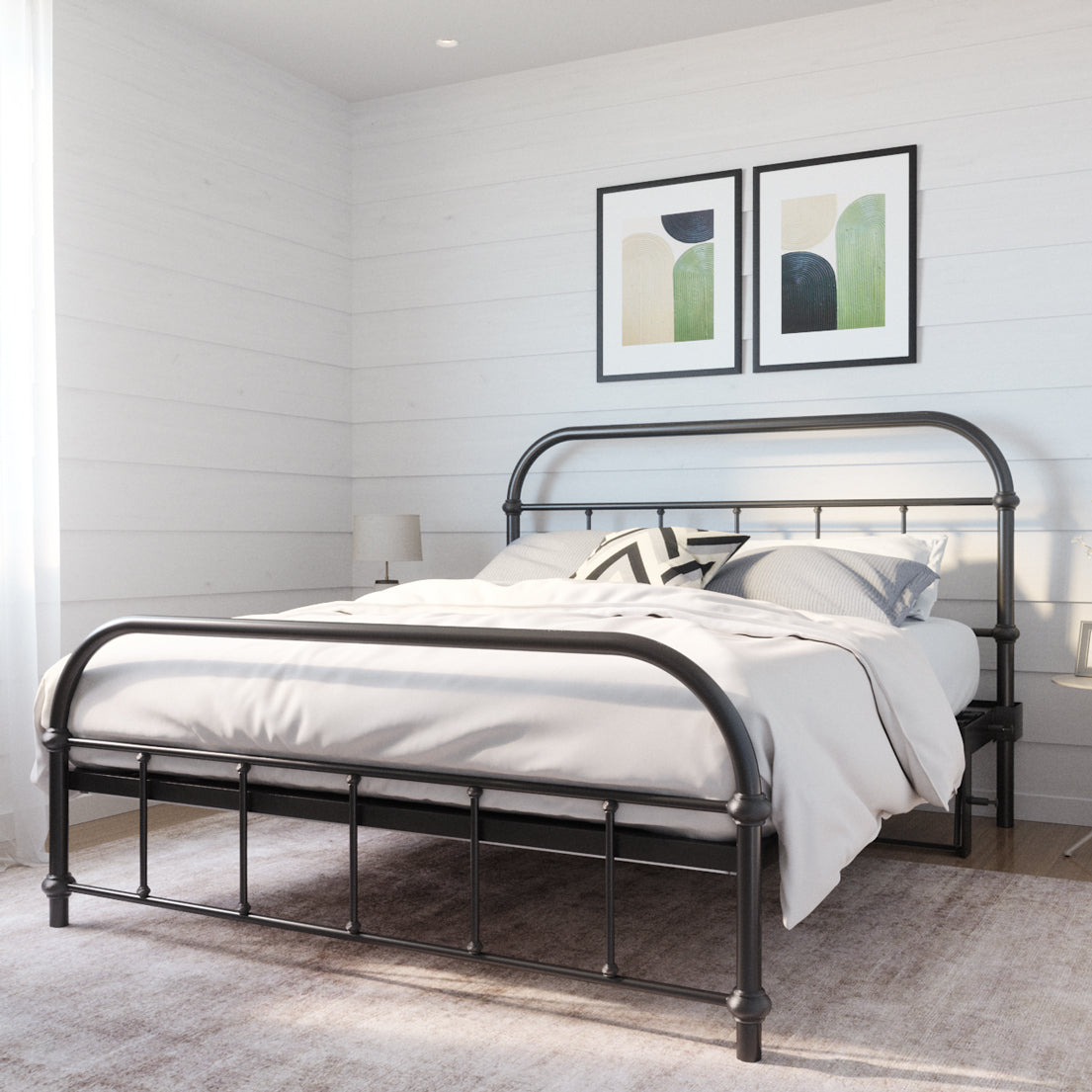 A matte black steel bed frame with wood accents, displayed in a room setting with a white mattress on it.
Queen bed frame with headboard footboard lift bed storage lift up bedroom furniture risers space-saving black metal whiteboard