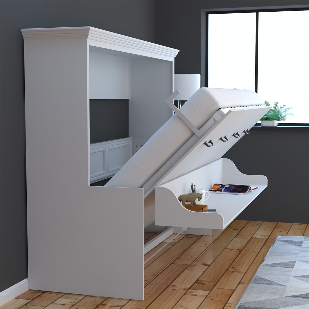 murphy bed with dresser Harper & Bright Designs Gray Wood Frame Twin Size Murphy Bed Wall Bed with Closet, Drawers and Desk QMY386AAE