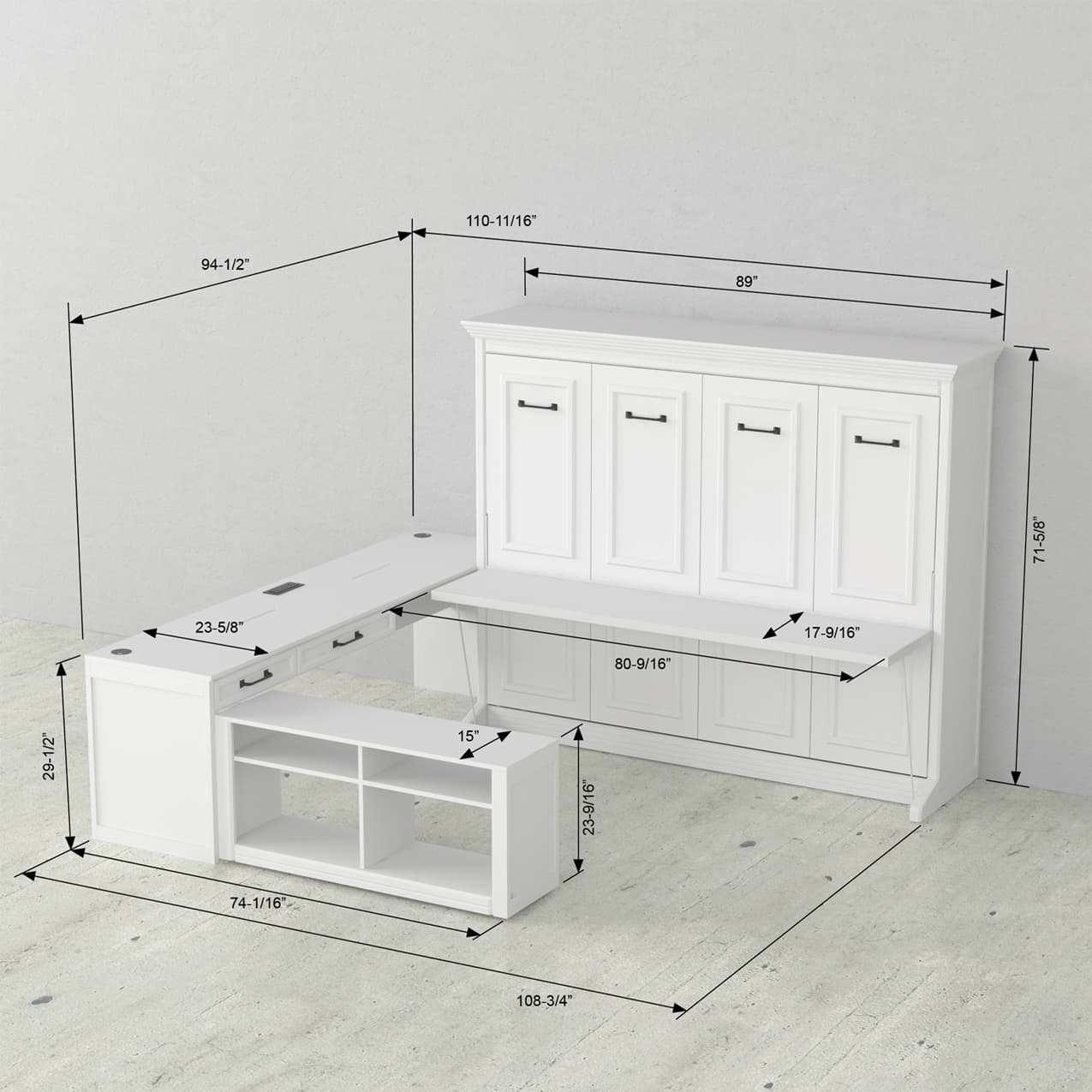 adonis pro queen horizontal murphy bed with desk showing the dimension of the unit when the bed is closed and it's funcioning as a desk