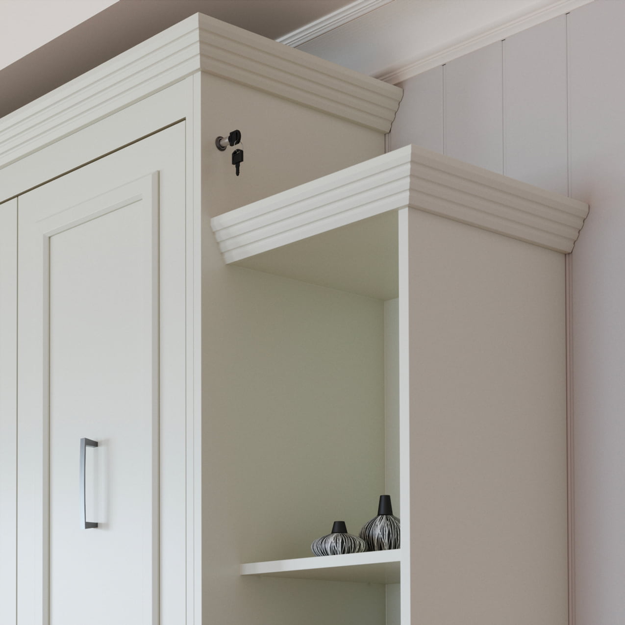 close up of the aegis queen murphy bed cabinet lock and top moldings hidden bed hide away hide-a-way fold out pull down diy murphy bed kit
