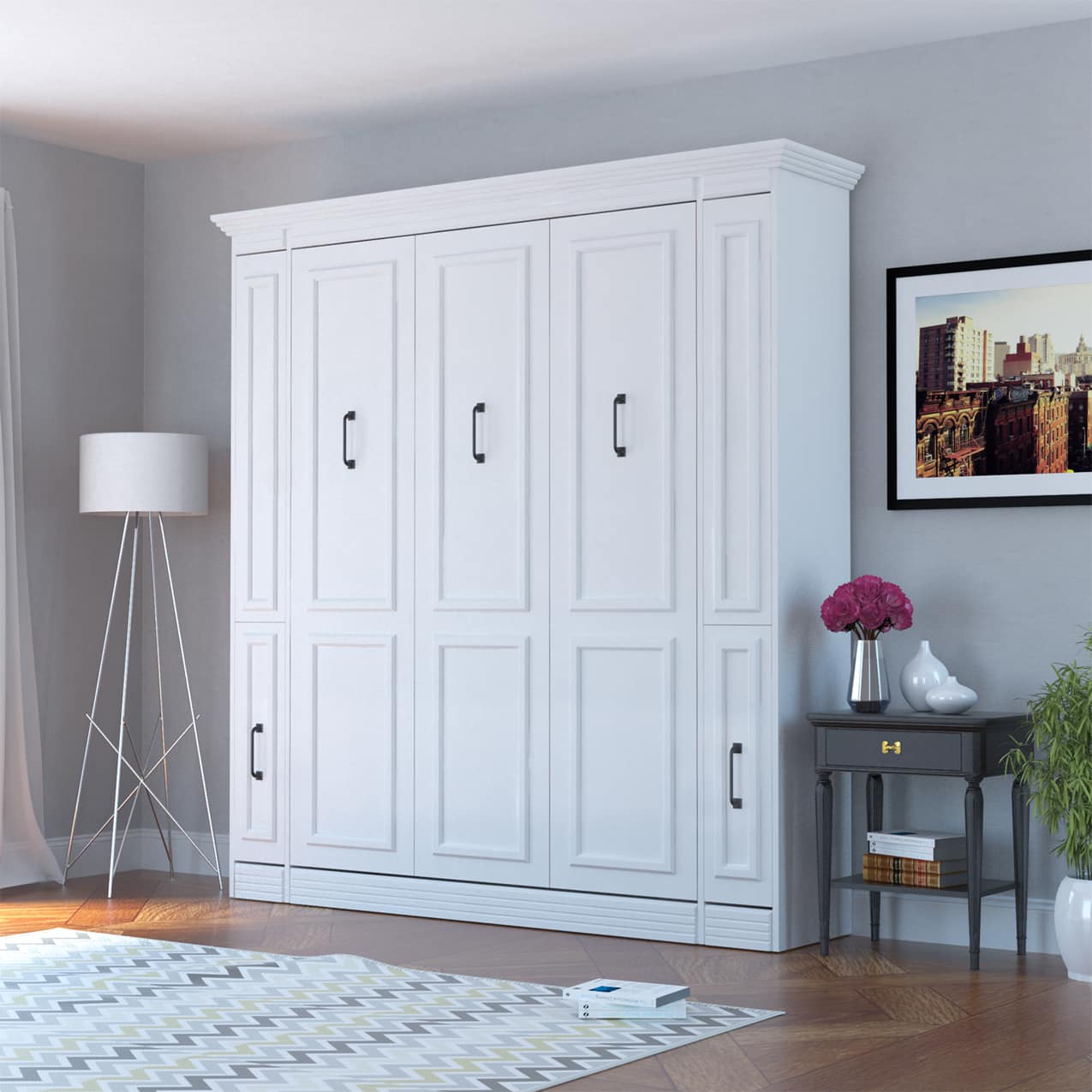 Alegra queen murphy bed with integrated storage cabinet closed hidden hide away hide-a-way diy murphy bed kit fold out pull down wall bed cabinet adjustable shelves wire management pillow storage