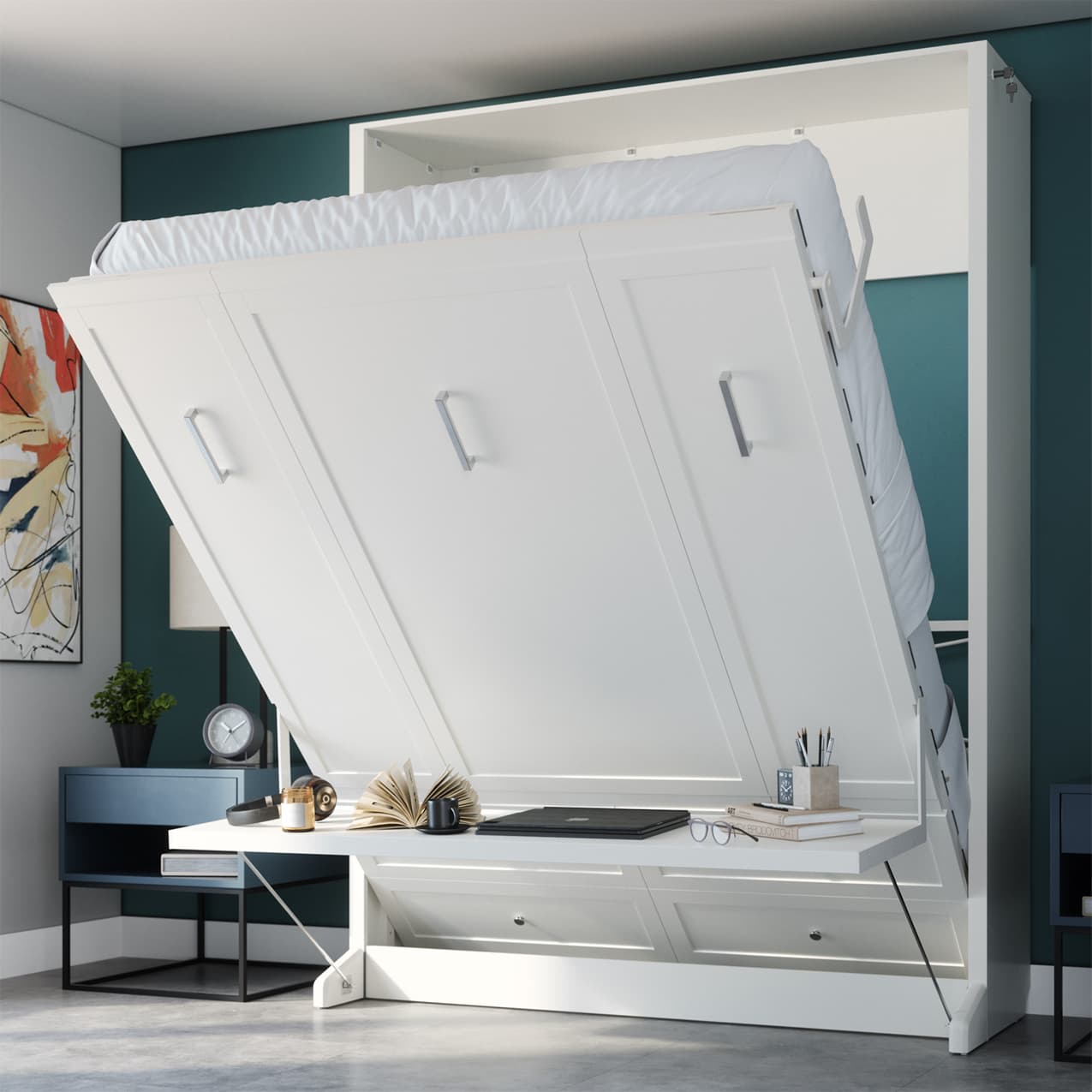 azores queen murphy bed with desk cabinet open at 45 degrees with desk still level hidden hideaway hide away hide-a-way diy murphy bed cabinet fold out pull down wall bed cabinet desk bed combo home office guest bed