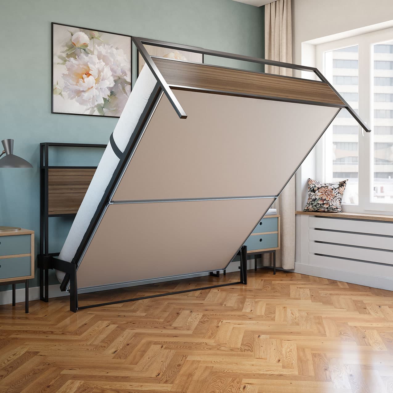 Foldable bed in a room with wooden flooring and a window.bed frame shelf headboard footboard walnut charger charging station panel mahogany black brown bedroom furniture
