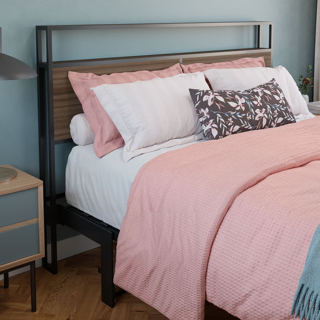 Bed with pink and white bedding in a bedroom settingbed frame shelf headboard footboard walnut charger charging station panel mahogany black brown bedroom furniture