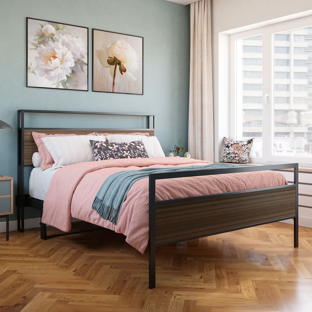 Bedroom with a bed featuring pink bedding and floral pillows, wooden floor, and light blue walls.bed frame shelf headboard footboard walnut charger charging station panel mahogany black brown bedroom furniture