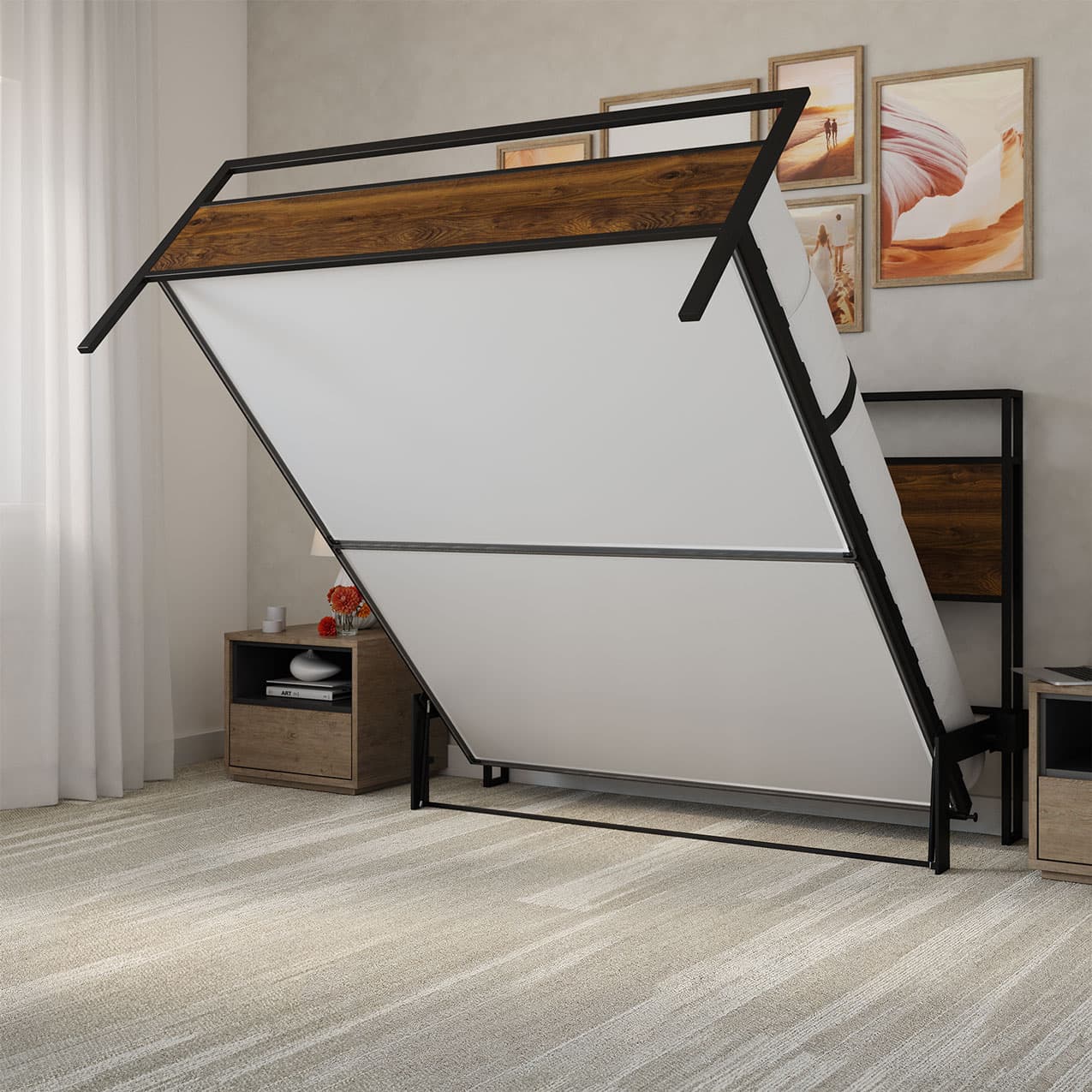 Foldable bed in a room with furniture and decor
bed frame shelf headboard footboard walnut charger charging station panel mahogany black brown bedroom furniture