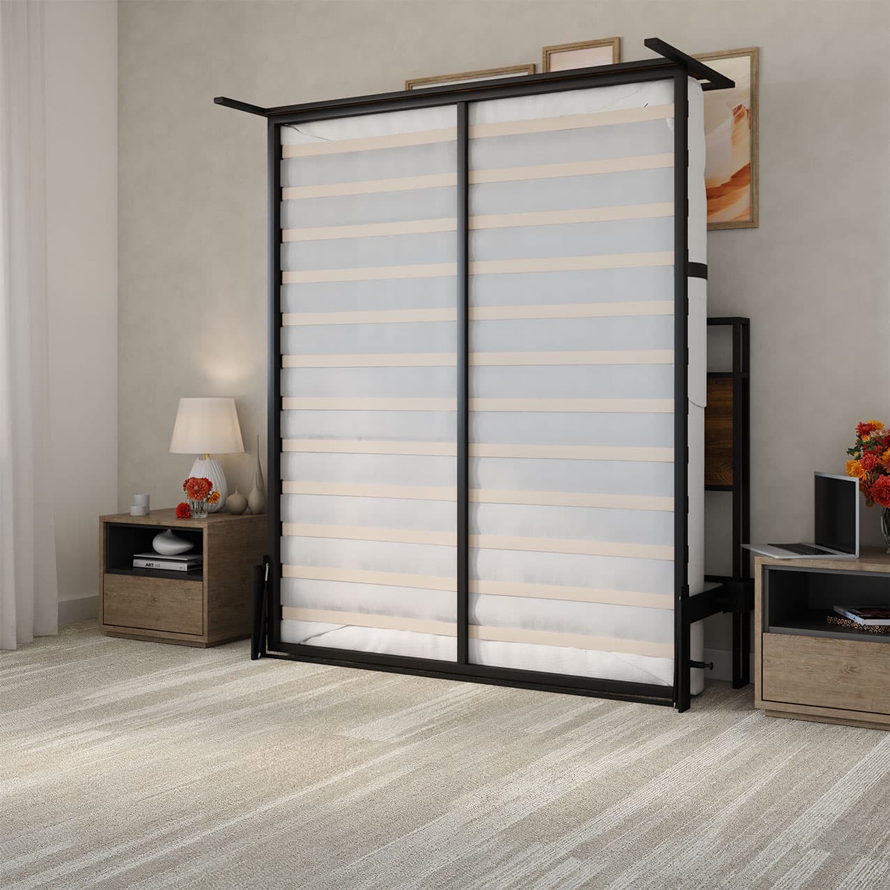 room with foldable bed lifted up against the wall with two wooden nightstands and a beige rug