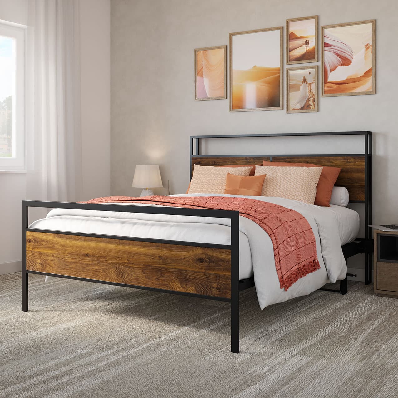 Wooden bed frame with metal accents in a bedroom setting.
bed frame shelf headboard footboard walnut charger charging station panel mahogany black brown bedroom furniture