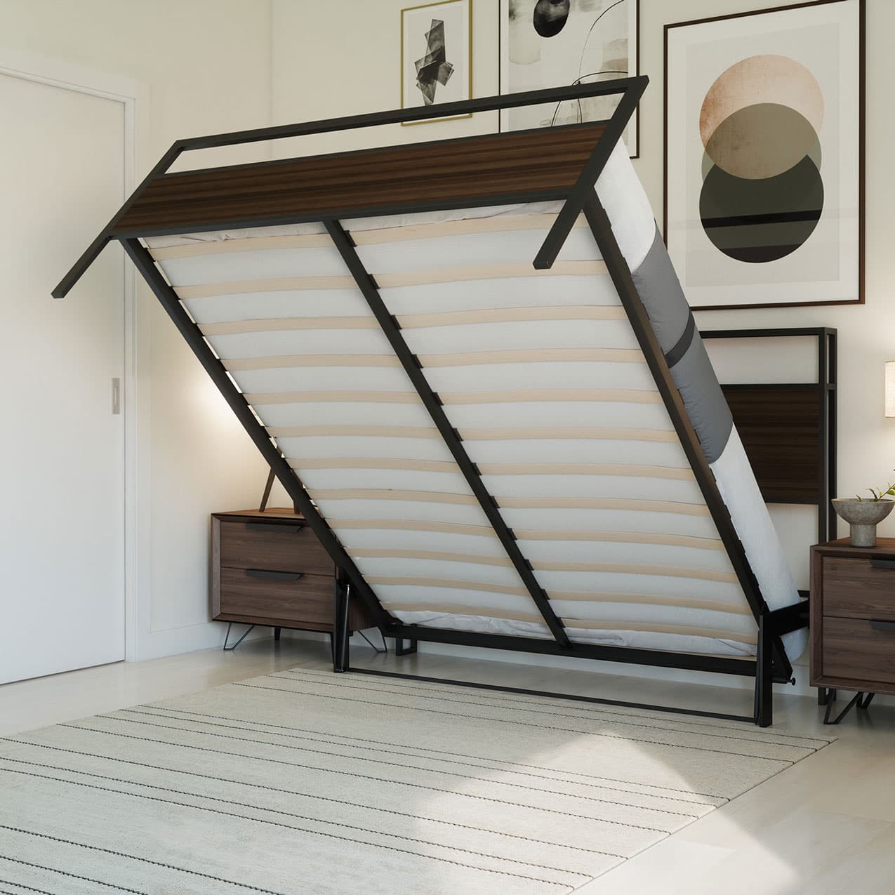 foldable bed in a modern bedroom setting with minimal decor.bed frame shelf headboard footboard walnut charger charging station panel mahogany black brown bedroom furniture