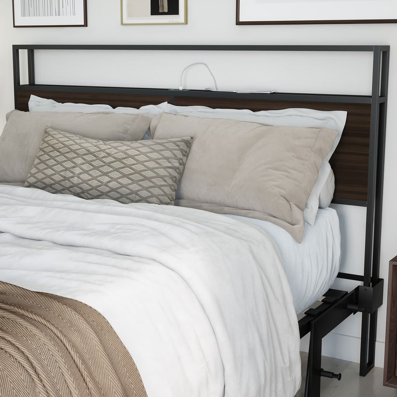 Bed with gray and beige bedding in a bedroom settingbed frame shelf headboard footboard walnut charger charging station panel mahogany black brown bedroom furniture