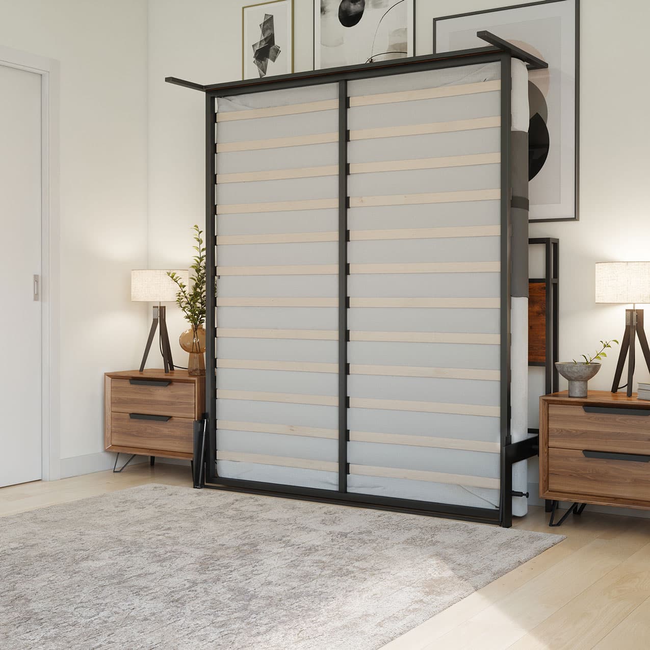 Room with a foldable bed lifted up against the wall with two wooden nightstands and a grey rug