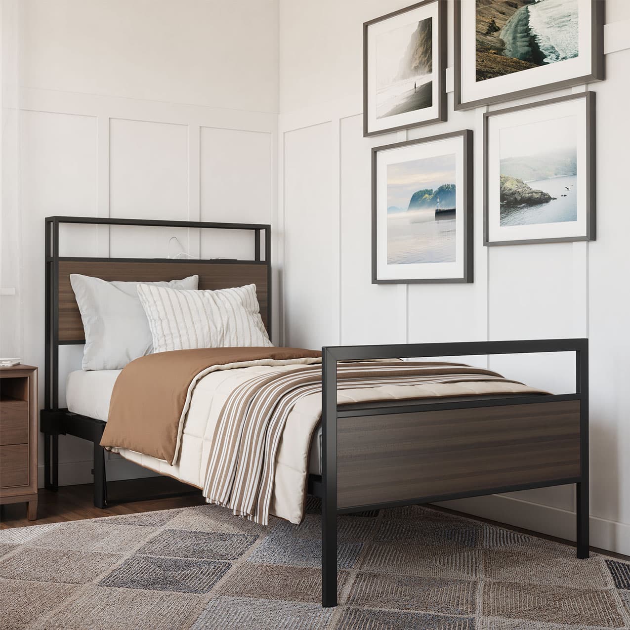 Bedroom with a bed featuring a brown headboard and bedding, framed pictures on the wall.bed frame shelf headboard footboard walnut charger charging station panel mahogany black brown bedroom furniture