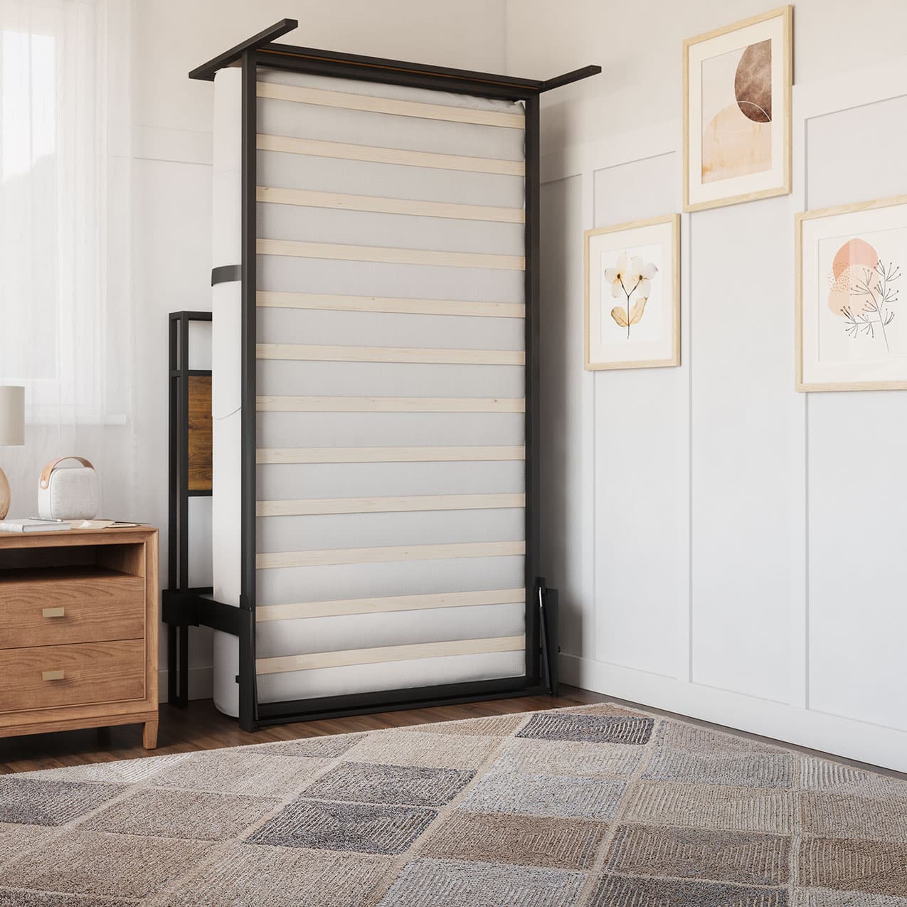 foldable bed lifted up against the wall with wooden nightstand and modern art on the wall