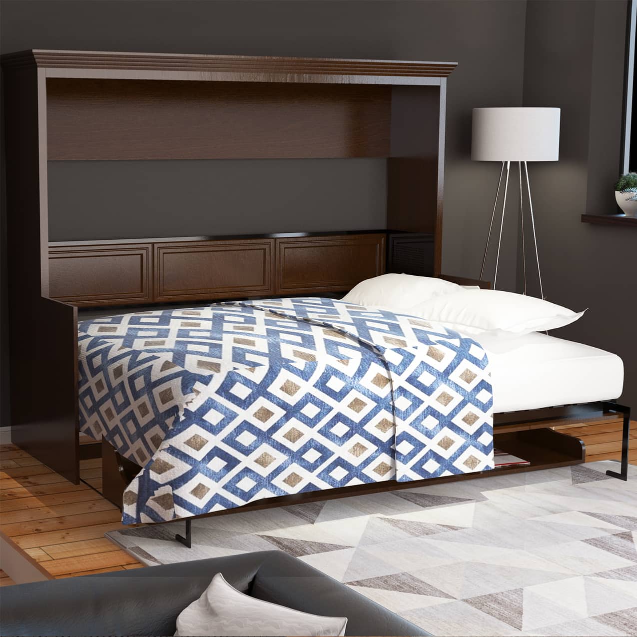 chamberlin queen horiztonal murphy bed with desk cabinet open built in headboard hidden hidewaway hide away hide-a-way diy murphy bed kit fold out pull down wall bed cabinet desk bed combo home office guest bed