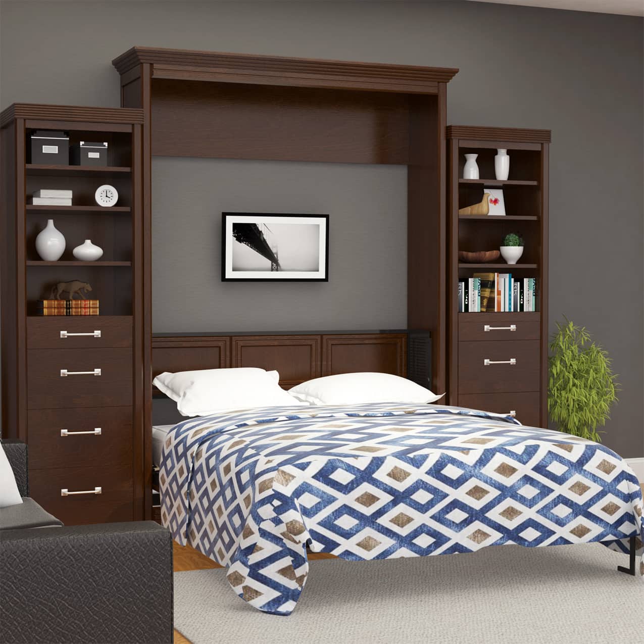 Chamberlin queen murphy bed with storage cabinet bed open hidden hideaway hide away hide-a-way diy murphy bed kit fold out pull down wall bed cabinet customizable storage adjustable shelves pull out nightstand drawers