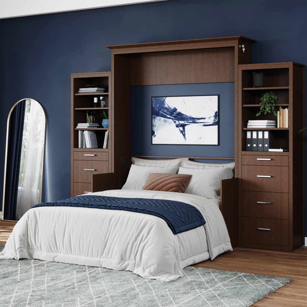 coventry full murphy bed with deks and storage cabinets bed open hidden hideaway hide away hide-a-way diy murphy bed kit fold out pull down wall bed cabinet desk bed combo home office guest bed customizable storage adjustable shelves pullout nightstand drawers