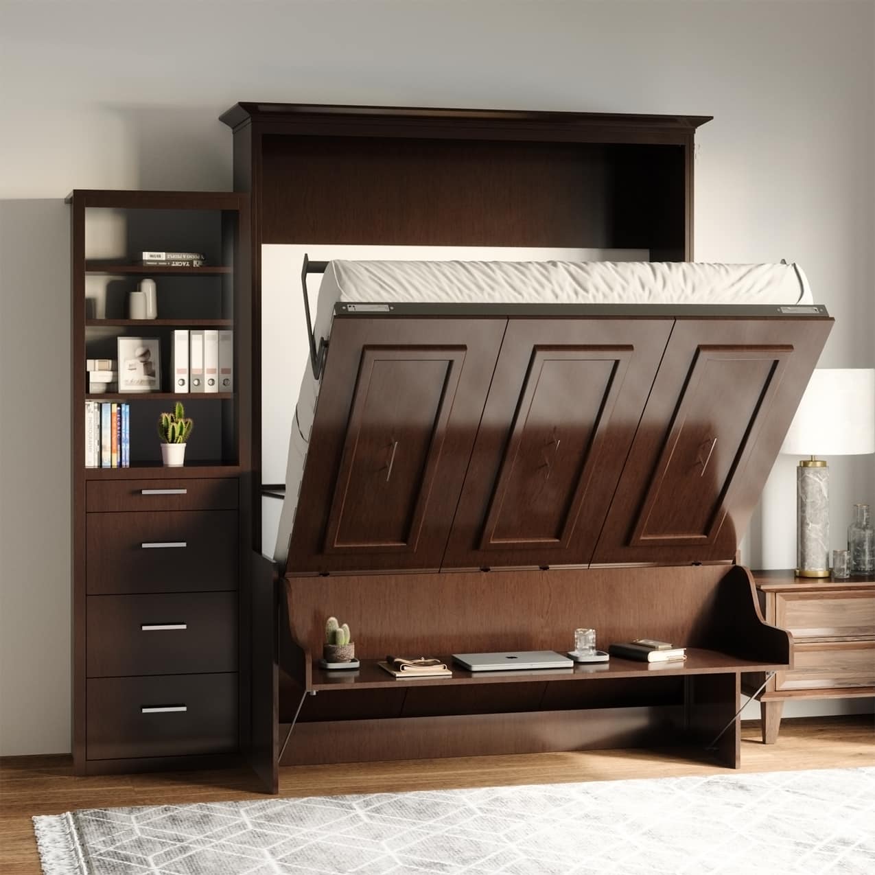 Coventry queen murphy bed with desk and 1 storage cabinet bed open to 45 degrees and desk staying level hidden hideaway hide away hide-a-way diy murphy bed kit fold out pull down wall bed cabinet desk bed combo home office guest bed