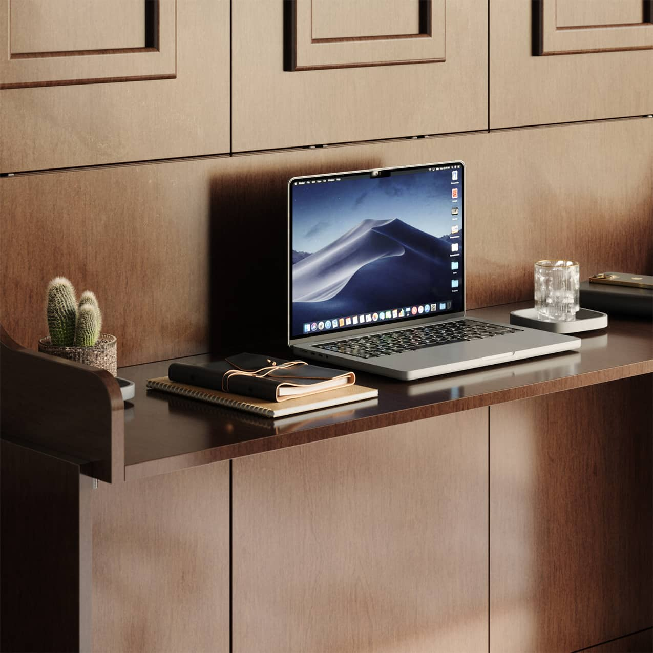 closeup of the coventry queen murphy bed with desk 