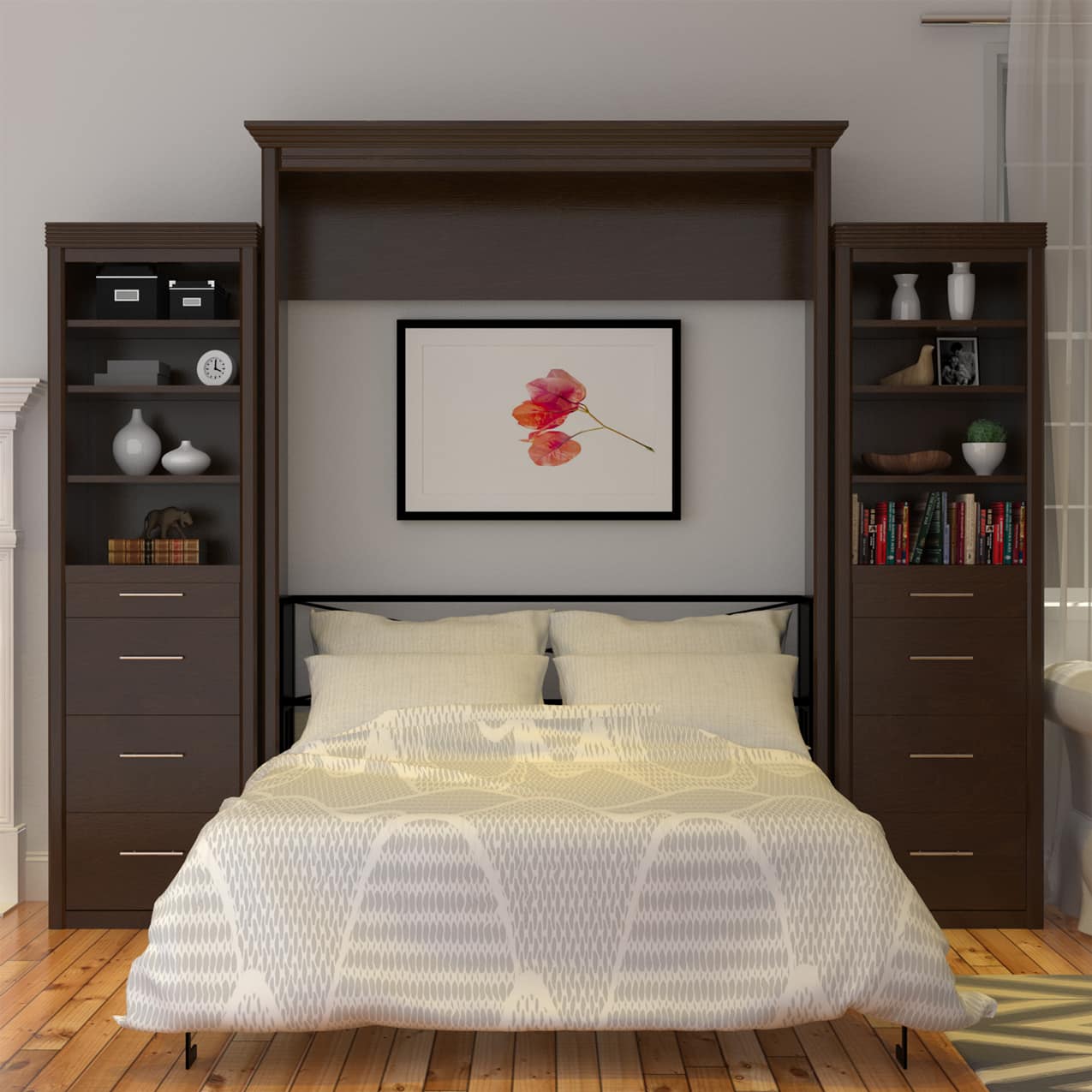 coventry queen murphy bed with storage bed open hidden hideaway hide away hide-a-way diy murphy bed kit fold out pull down wall bed cabinet guest bed customizable storage adjustable shelves pullout nighstand drawers