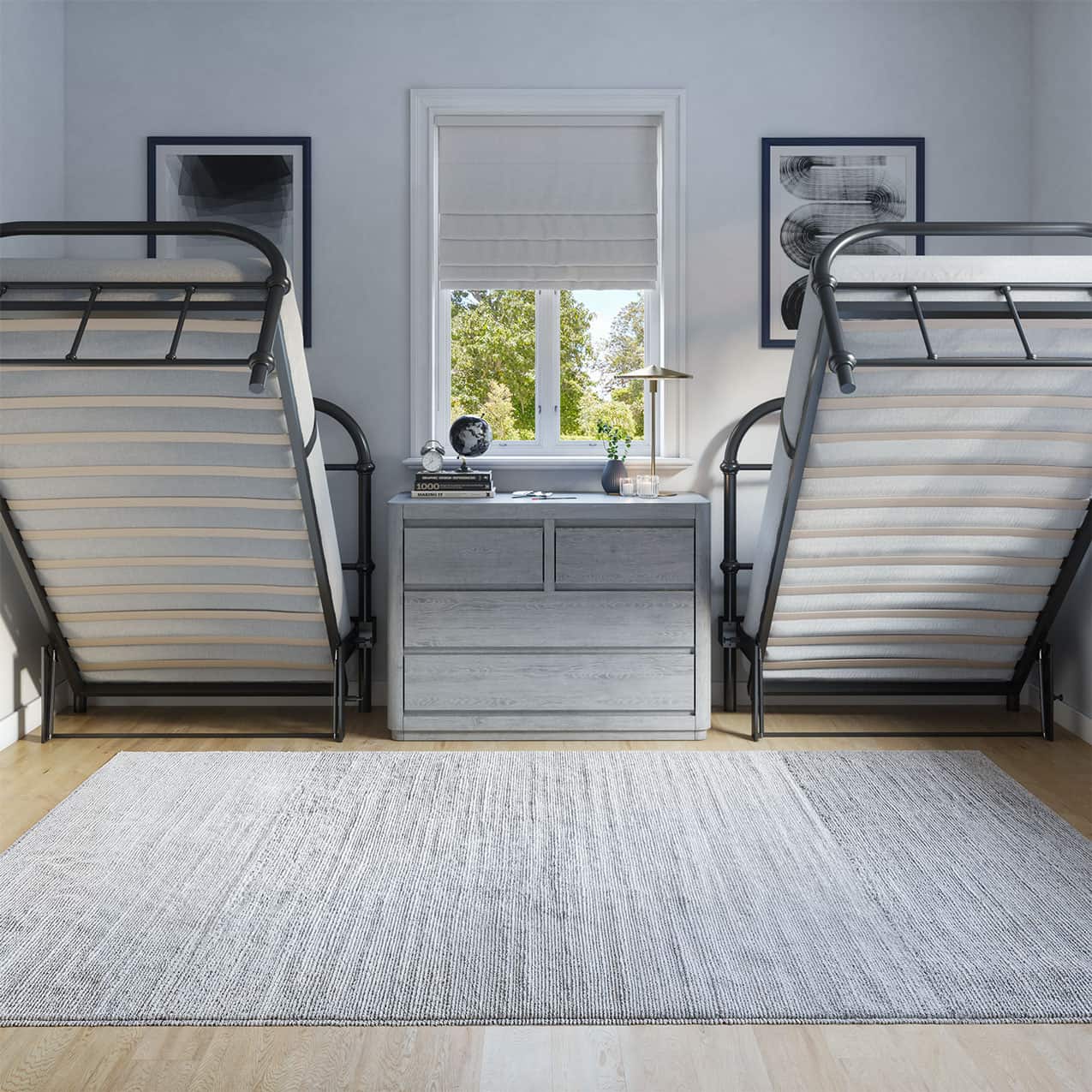 foldable beds in a room with a dresser and window