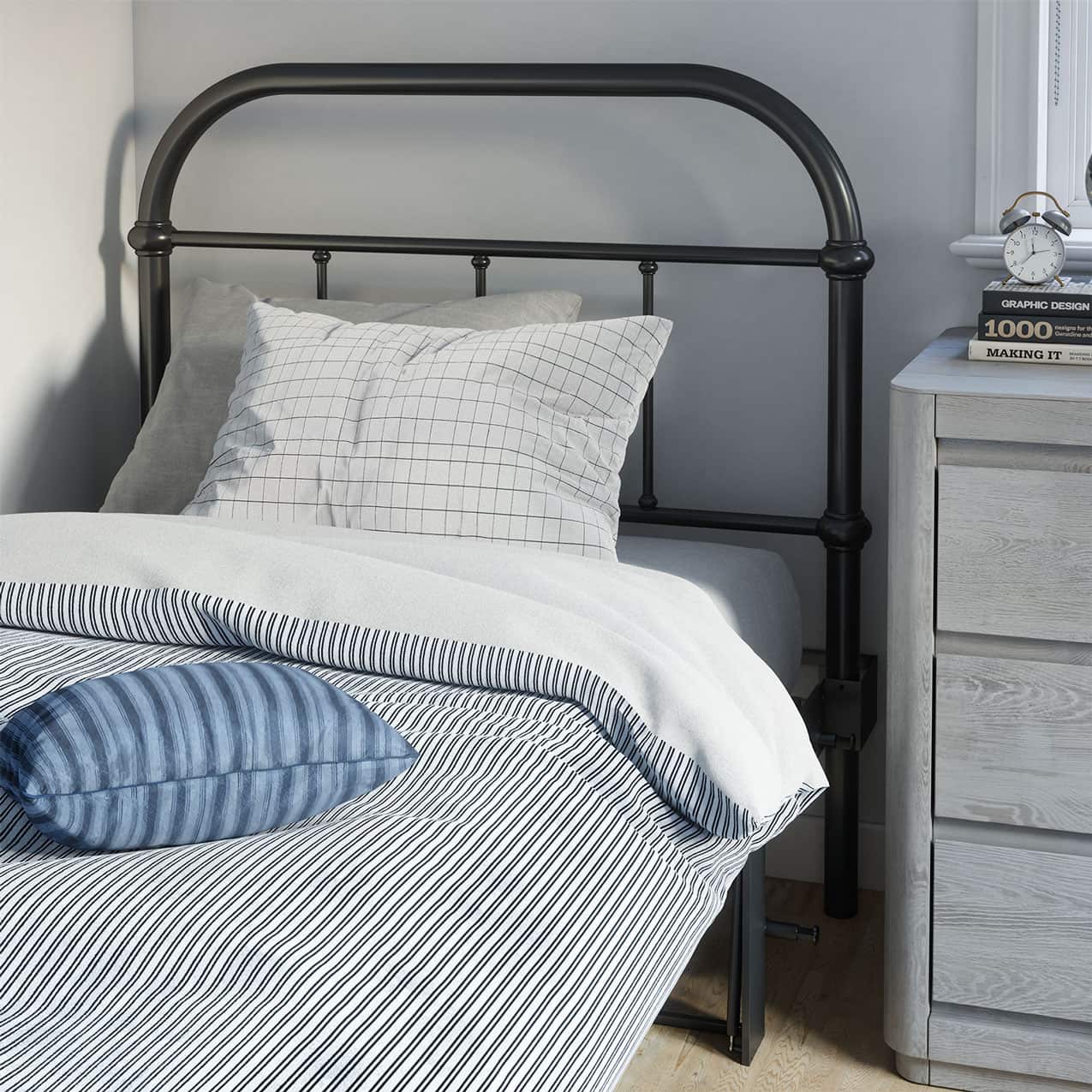 Bed with striped bedding and metal headboard next to a nightstand.
bed frame with headboard footboard lift bed storage lift up bedroom furniture risers space-saving black metal