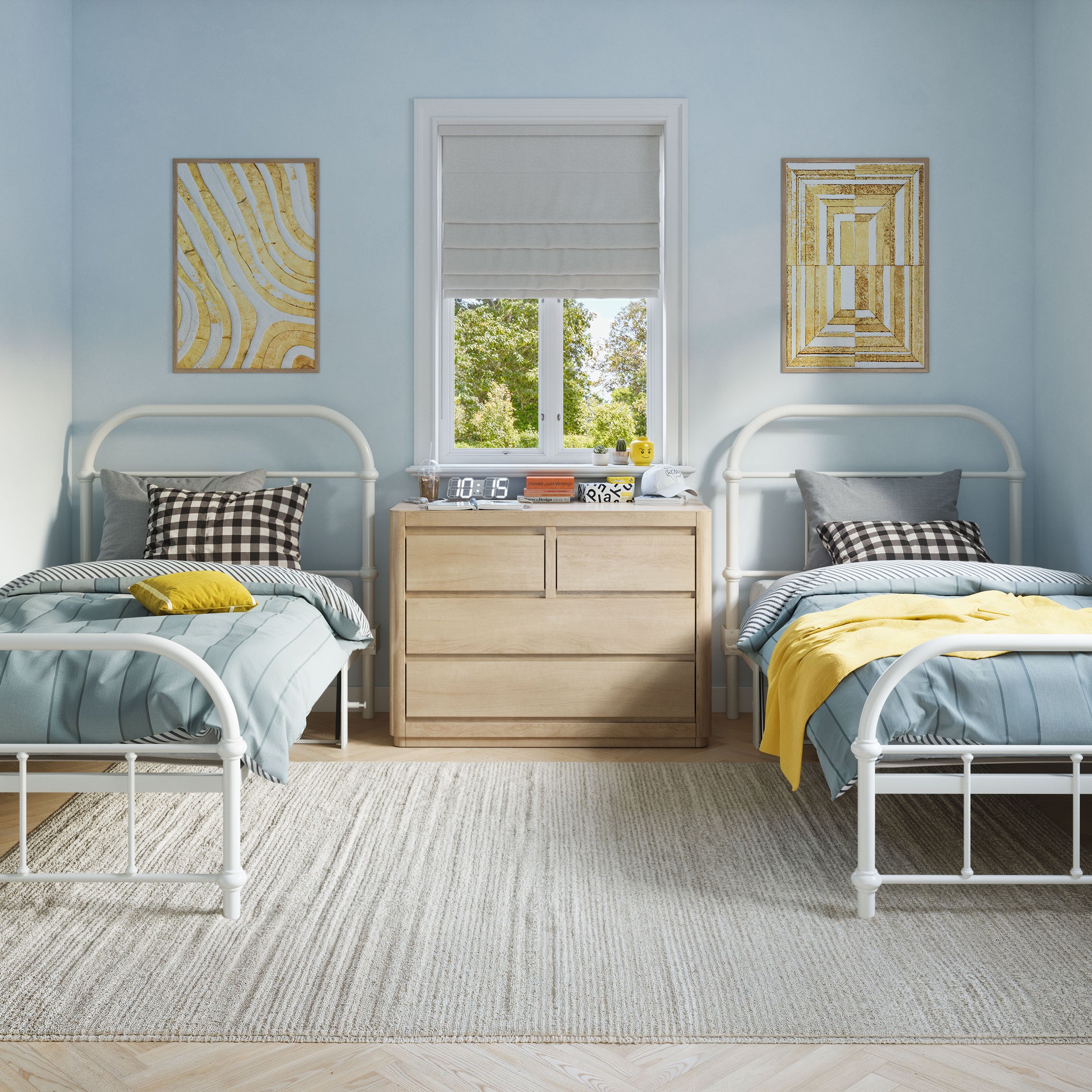 Children's bedroom with two beds, a dresser, and decorative elements.bed frame with headboard footboard lift bed storage lift up bedroom furniture risers space-saving white metal