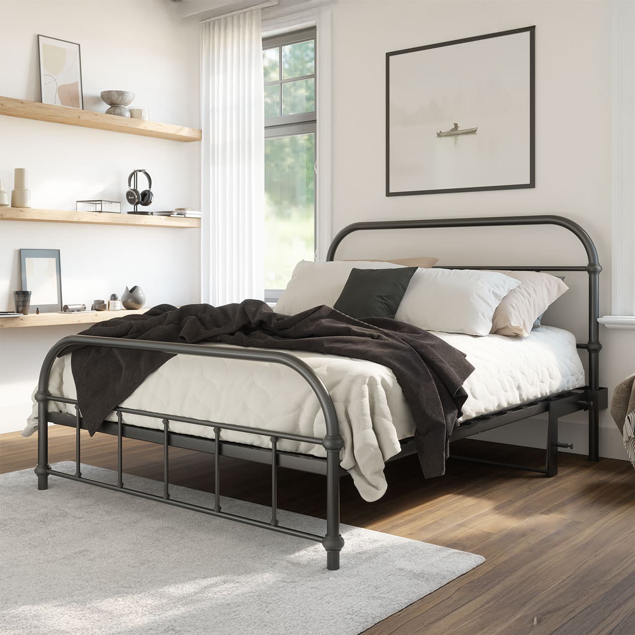 Black metal bed frame in a bedroom with wooden floor and white walls.
bed frame with headboard footboard lift bed storage lift up bedroom furniture risers space-saving black metal
