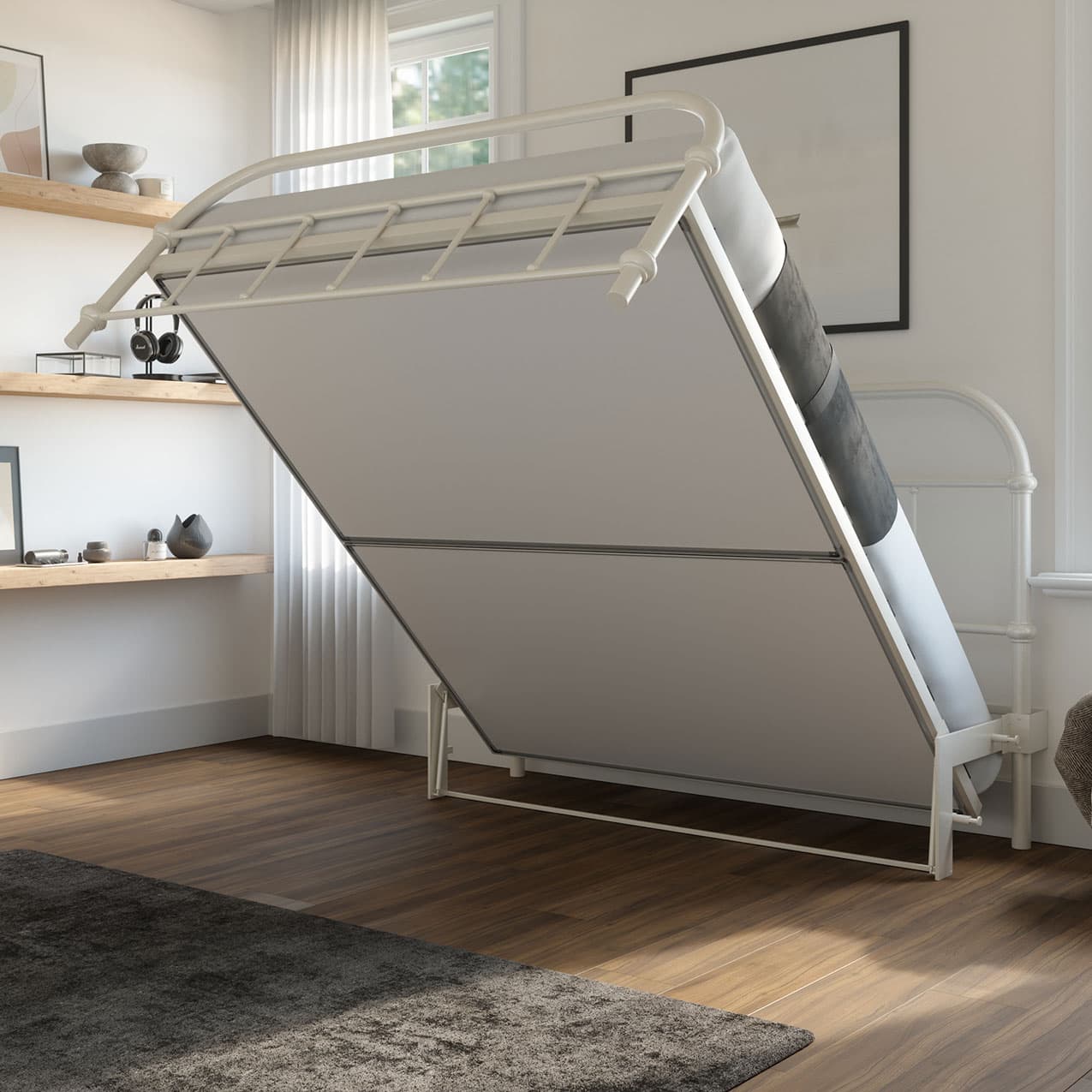 Folding bed in a modern room with wooden floor and neutral decor.bed frame with headboard footboard lift bed storage lift up bedroom furniture risers space-saving white metal