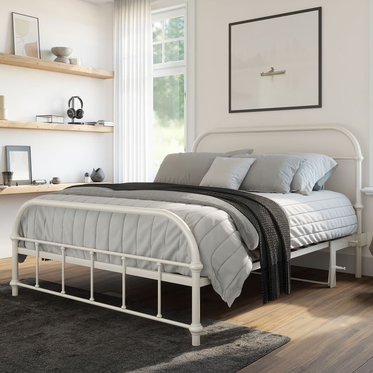 White metal bed frame with gray bedding in a modern bedroom.bed frame with headboard footboard lift bed storage lift up bedroom furniture risers space-saving white metal