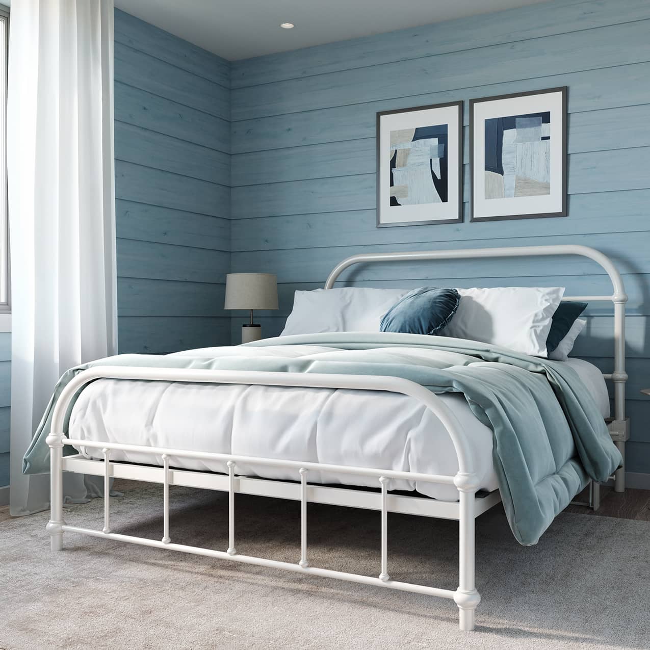A white metal bed frame with a matte white steel design, positioned in a neatly made bed with blue bedding, in a room with blue wooden walls and two framed artworks above the bed.
Queen bed frame with headboard footboard lift bed storage lift up bedroom furniture risers space-saving white metal whiteboard