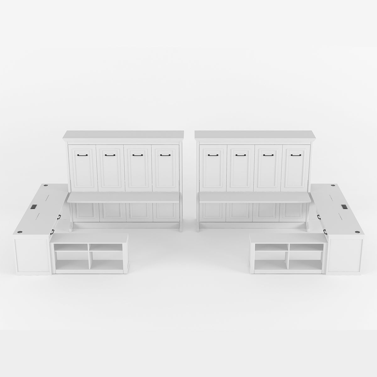 A set of white wooden Murphy beds with desks and shelves with black metal handles, arranged symmetrically on a seamless white background.