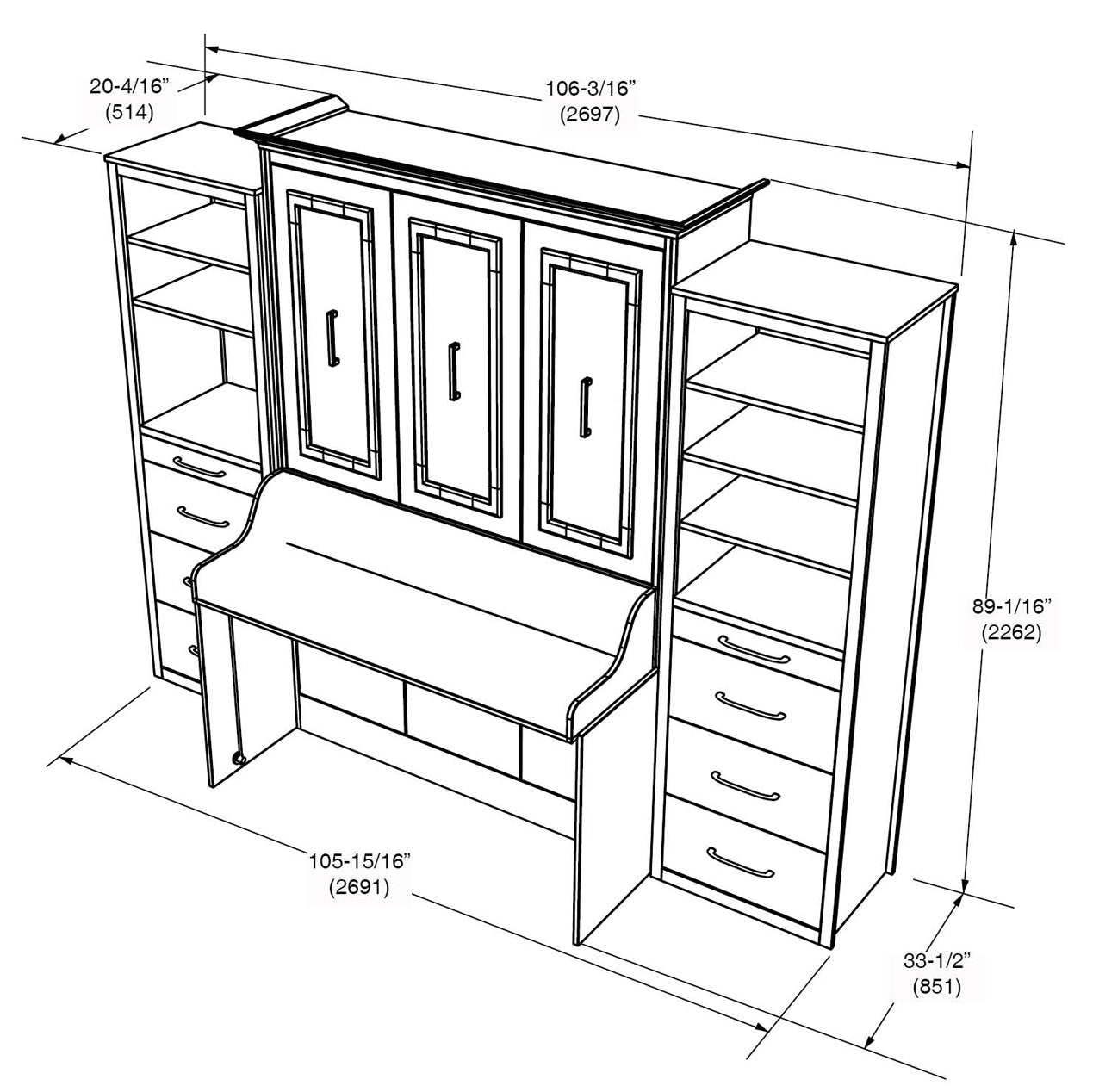 Lit escamotable Alegra avec bureau et 2 armoires de rangement