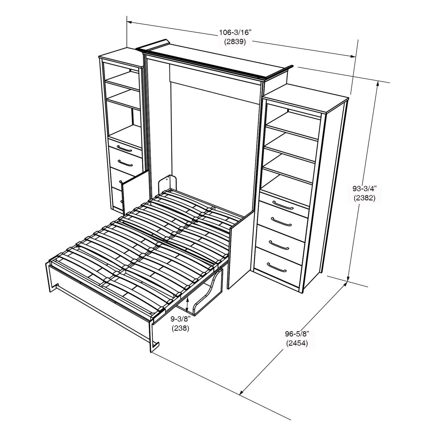 Lit escamotable Alegra avec bureau et 2 armoires de rangement