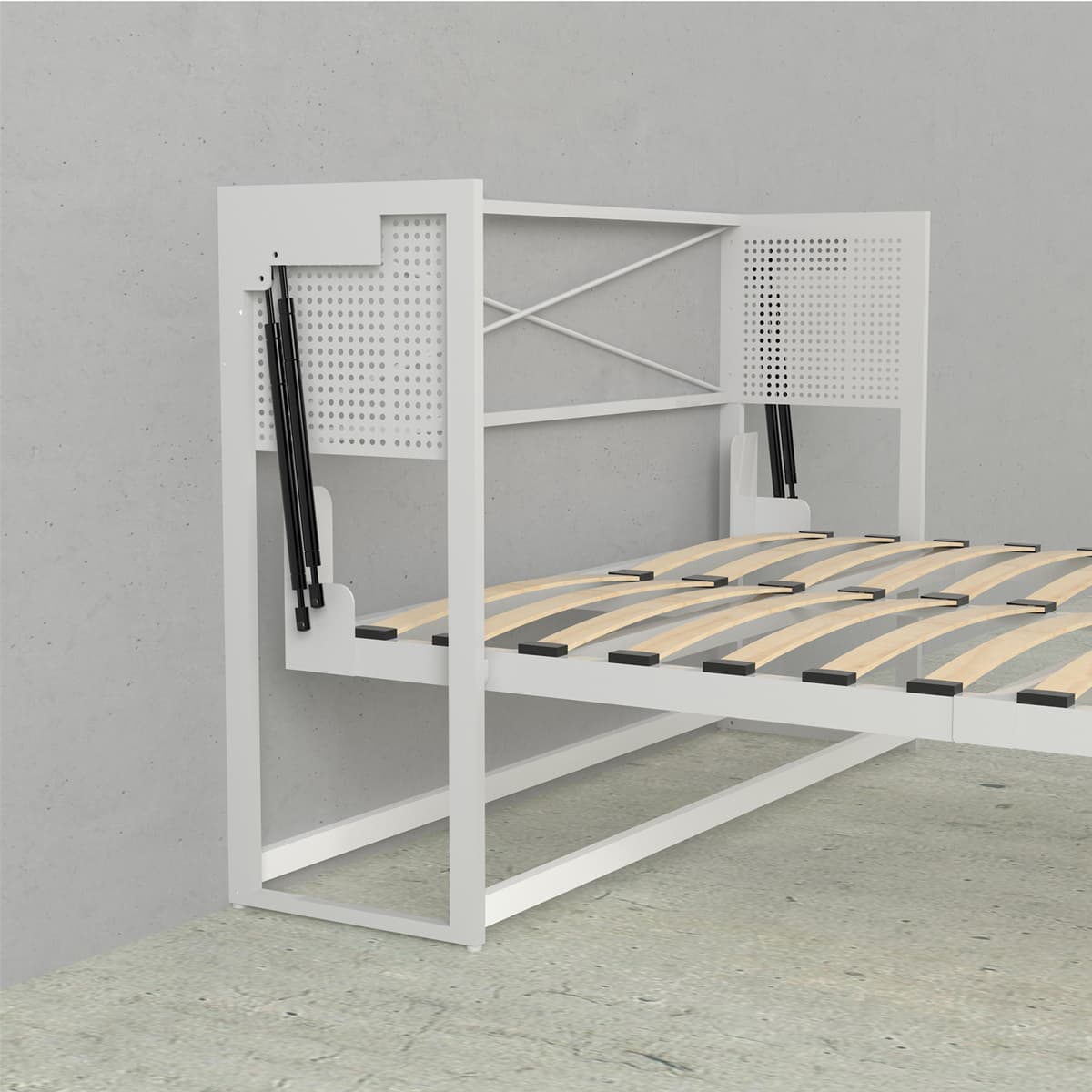 Steel frame of the adonis queen murphy bed with storage euroslats quad piston dual stage 
