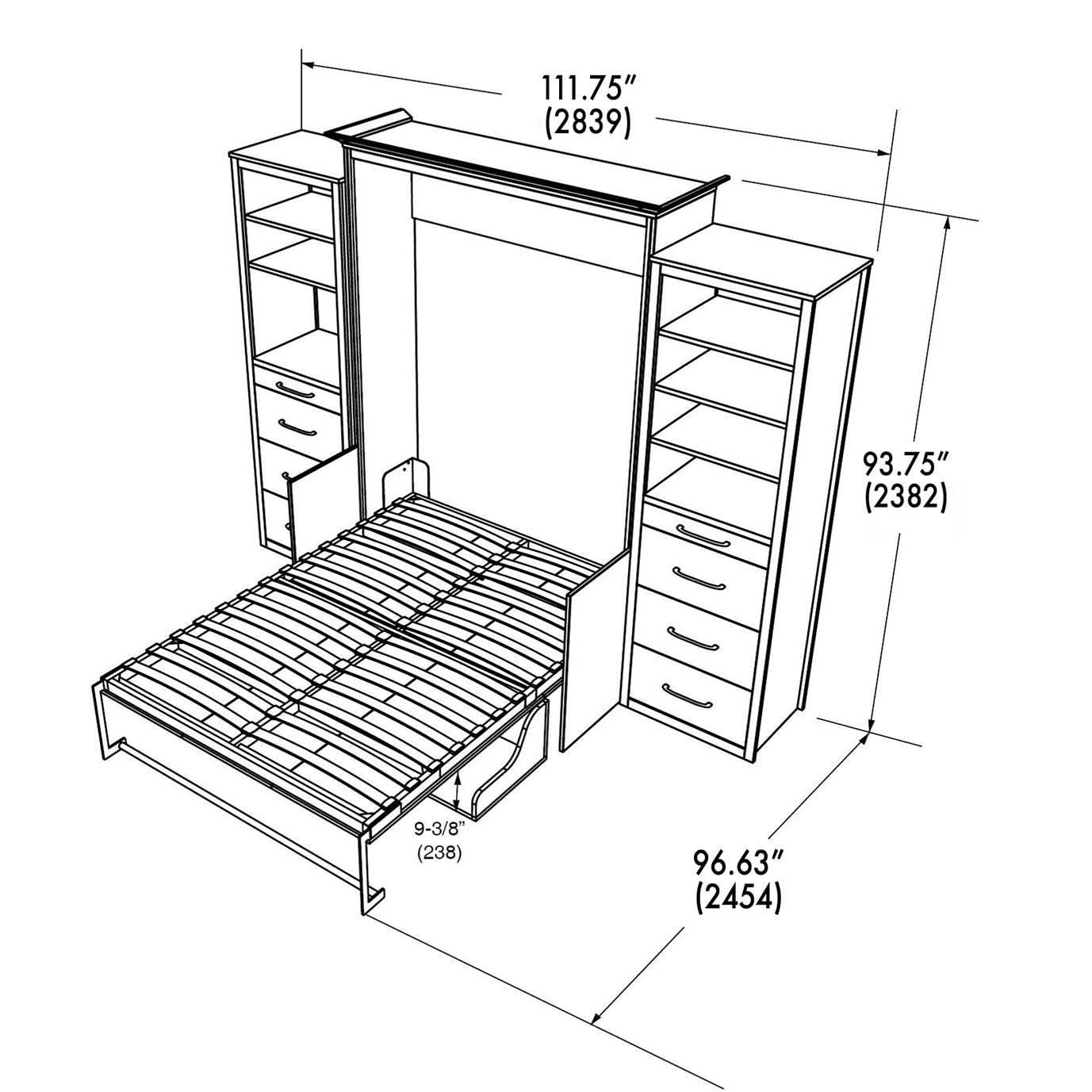 Lit escamotable Alegra avec bureau et 2 armoires de rangement