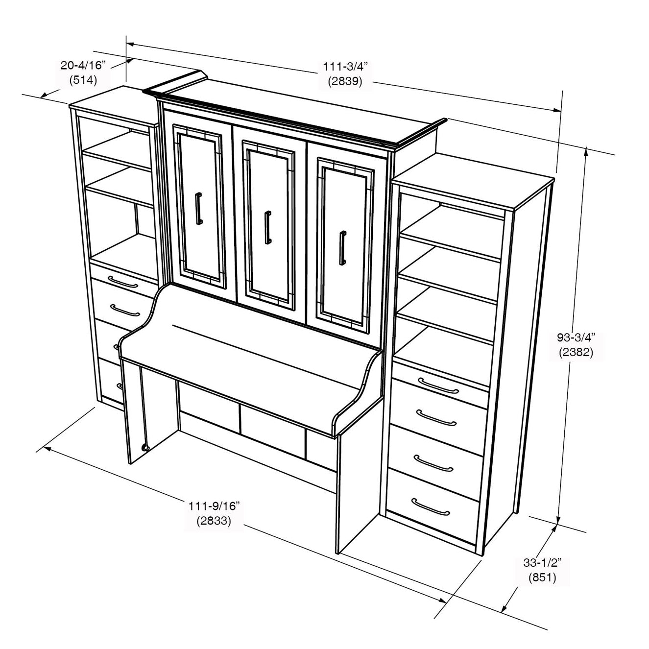 Lit escamotable Alegra avec bureau et 2 armoires de rangement