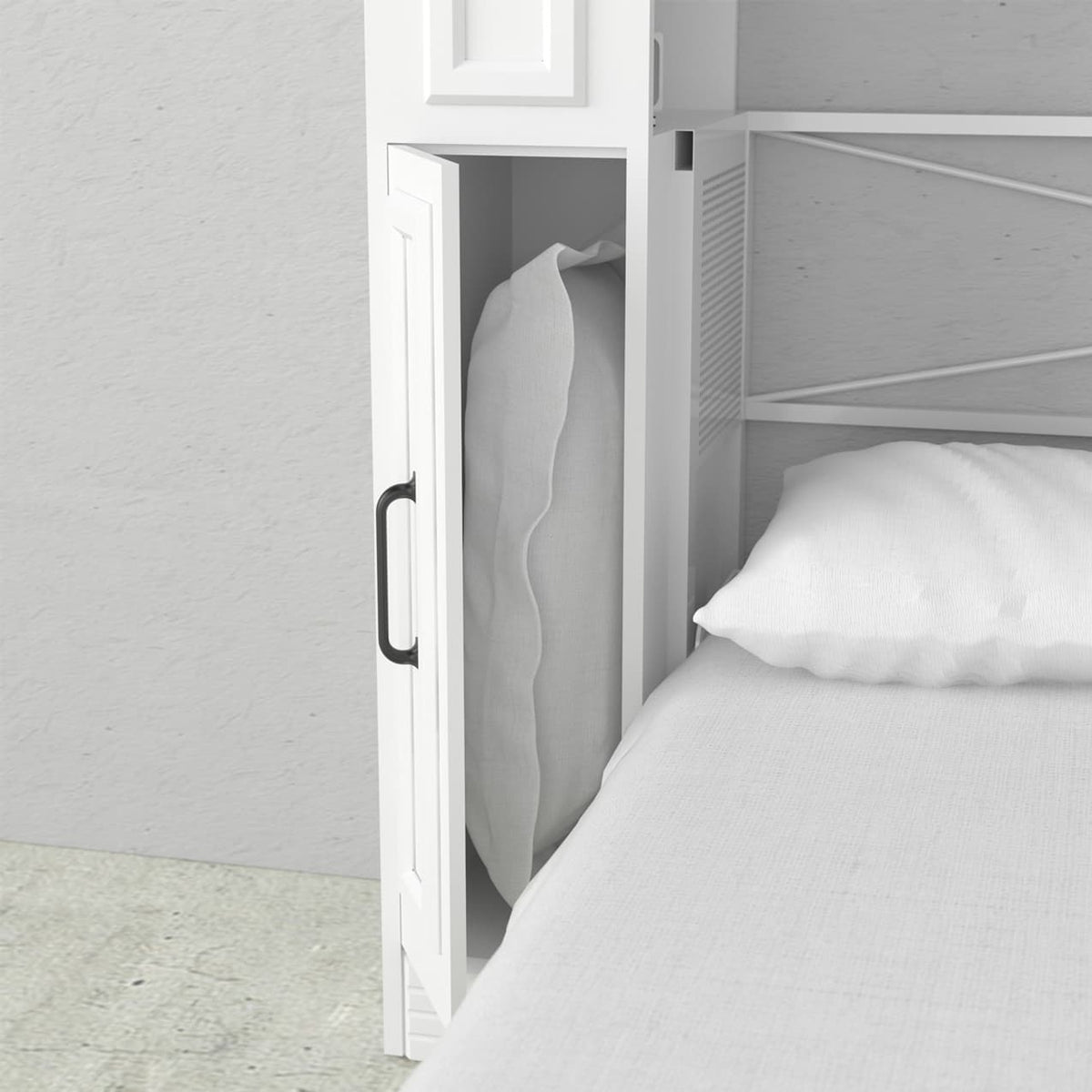 Alegra queen murphy bed with integrated storage pillow cabinet steel frame hidden hide away hide-a-way diy murphy bed kit fold out pull down wall bed cabinet