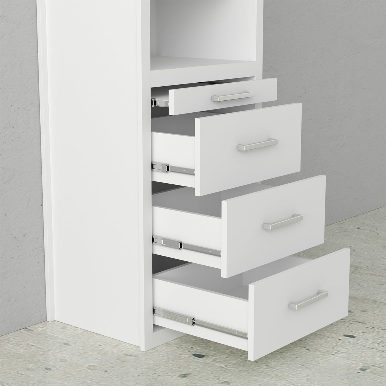 closer view of lower storage cabinet with pullout night stand and drawers