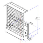 Technical line drawing of a metal RoomBed bed frame in the lifted position with dimension annotations in blue and red text on a white background.