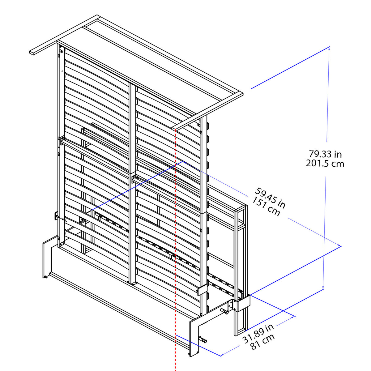 Technical line drawing of a metal RoomBed bed frame in the lifted position with dimension annotations in blue and red text on a white background.