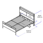 Technical line drawing of a metal bed frame with dimension annotations showing headboard height, bed width, and bed length in inches and centimeters on a white background.