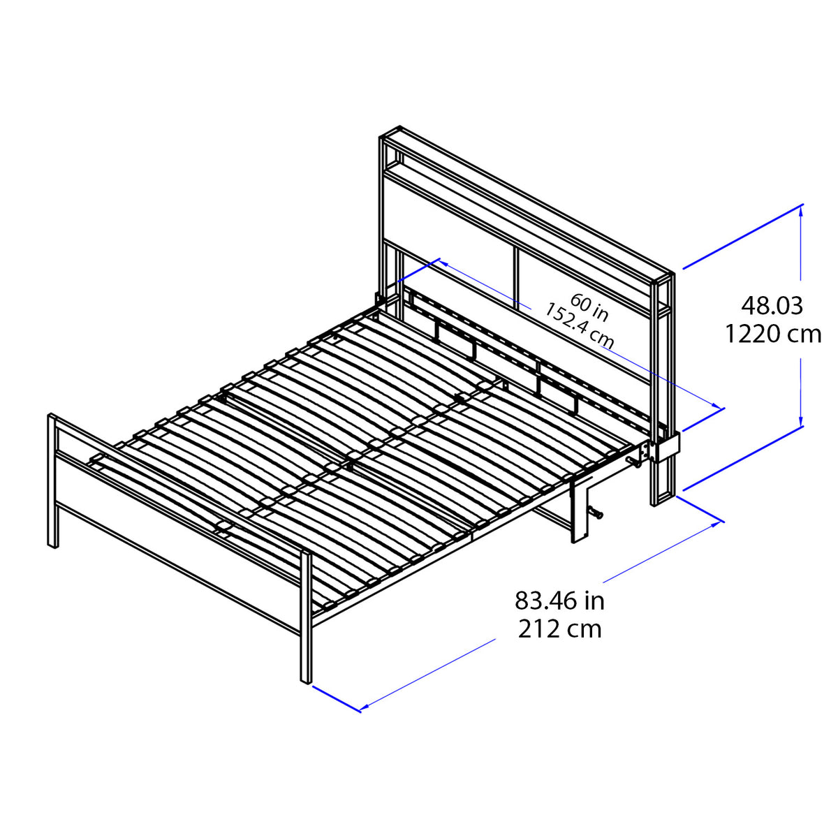 Technical line drawing of a metal bed frame with dimension annotations showing headboard height, bed width, and bed length in inches and centimeters on a white background.