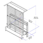 Technical dimension diagram of a metal RoomBed bed frame in the lifted position, with blue and red measurement lines and labels in inches and centimeters.