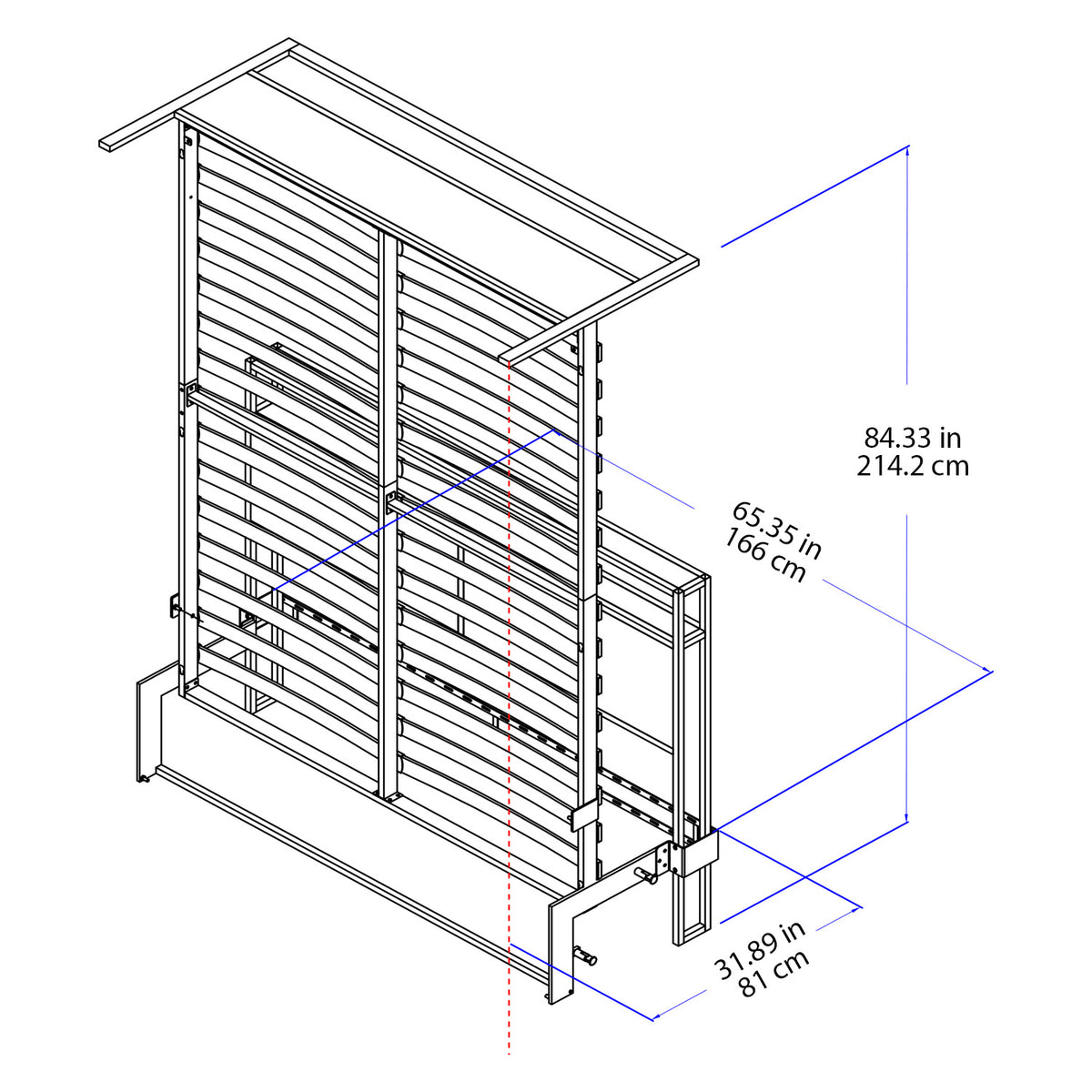 Technical dimension diagram of a metal RoomBed bed frame in the lifted position, with blue and red measurement lines and labels in inches and centimeters.