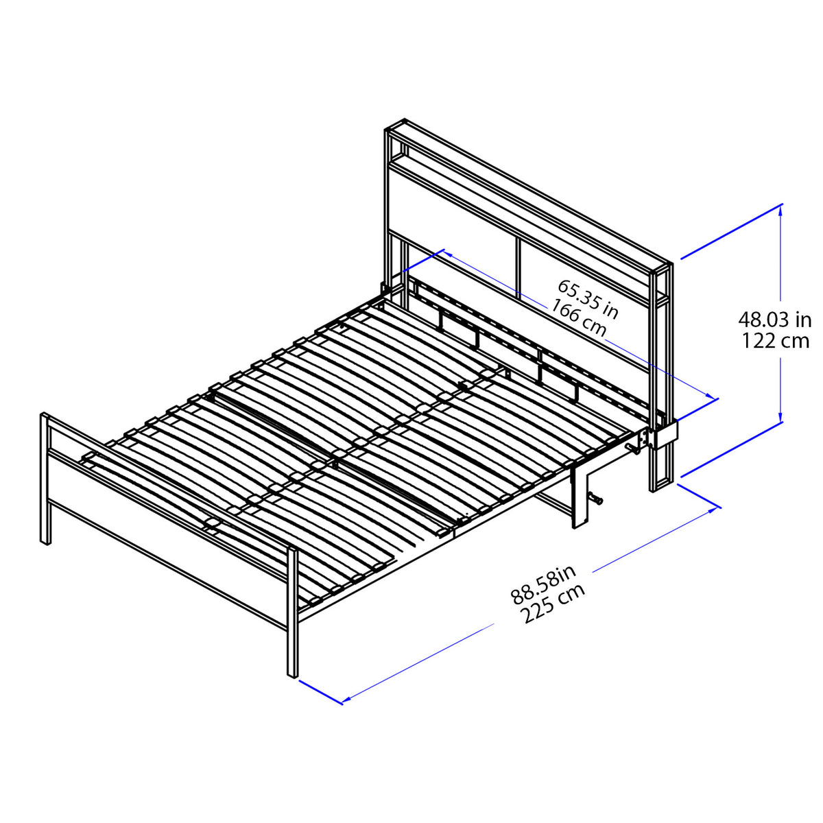 Black and white line drawing of a metal bed frame with dimension annotations showing headboard height, footboard width, and overall bed length in inches and centimeters.