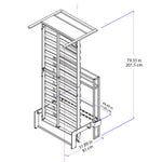 Technical dimension diagram of a metal RoomBed bed frame in the lifted position, showing a 3D isometric view with blue dimension lines and text labels indicating height, width, and depth in inches and centimeters.