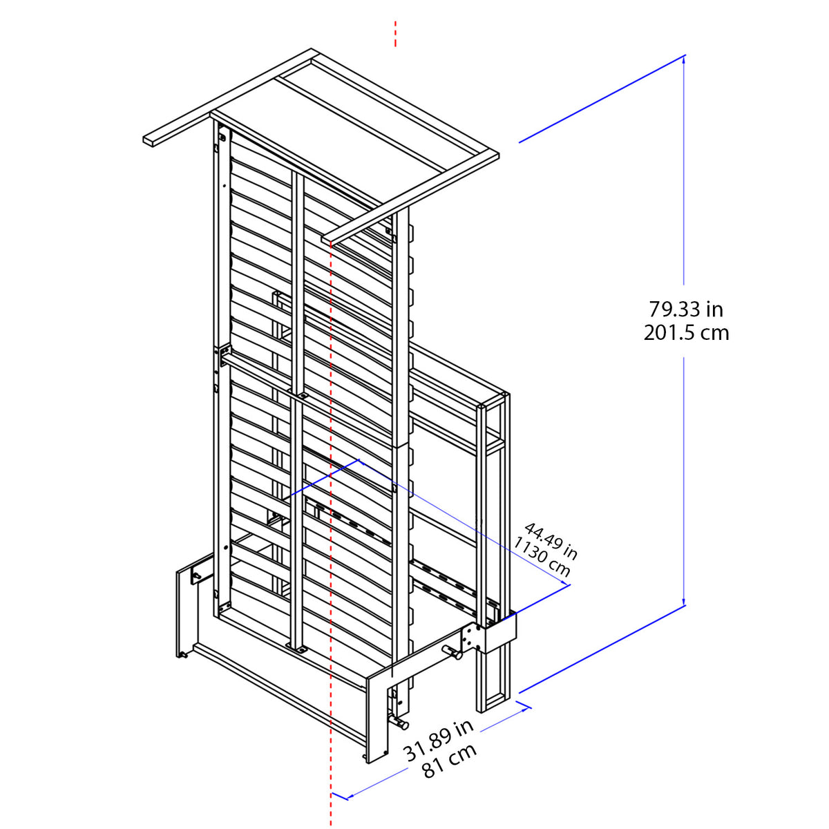 Technical dimension diagram of a metal RoomBed bed frame in the lifted position, showing a 3D isometric view with blue dimension lines and text labels indicating height, width, and depth in inches and centimeters.