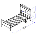 Black-and-white line drawing of a metal bed frame with dimension arrows and measurements for length, headboard height, and slat width on a white background.