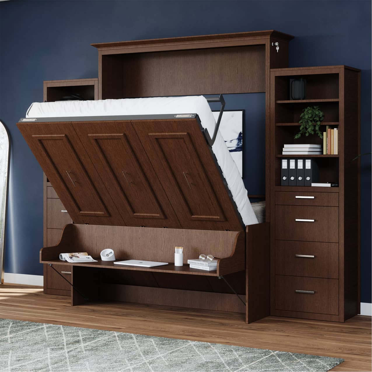 coventry full murphy bed with desk bed open to 4 degrees showing the desk staying level hidden hideaway hide away hide-a-way diy murphy bed kit fold out pull down wall bed cabinet desk bed combo home office guest bed customizable storage adjustable shelves pullout nightstand drawers