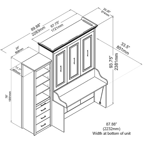 Lit escamotable Coventry avec bureau et 1 armoire de rangement